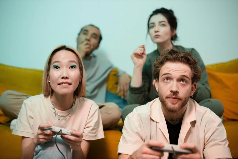 a group of people sitting on a couch playing a video game, pexels contest winner, hyperrealism, avatar image, smug look, sport game, mix of ethnicities and genders