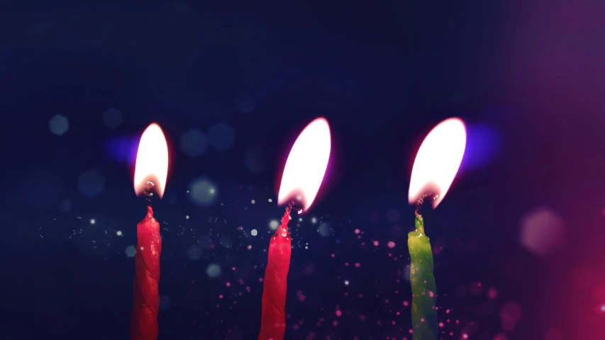 a group of three candles sitting on top of a cake, a digital rendering, pexels, light red and deep blue mood, purple and green fire, in a row, party lights