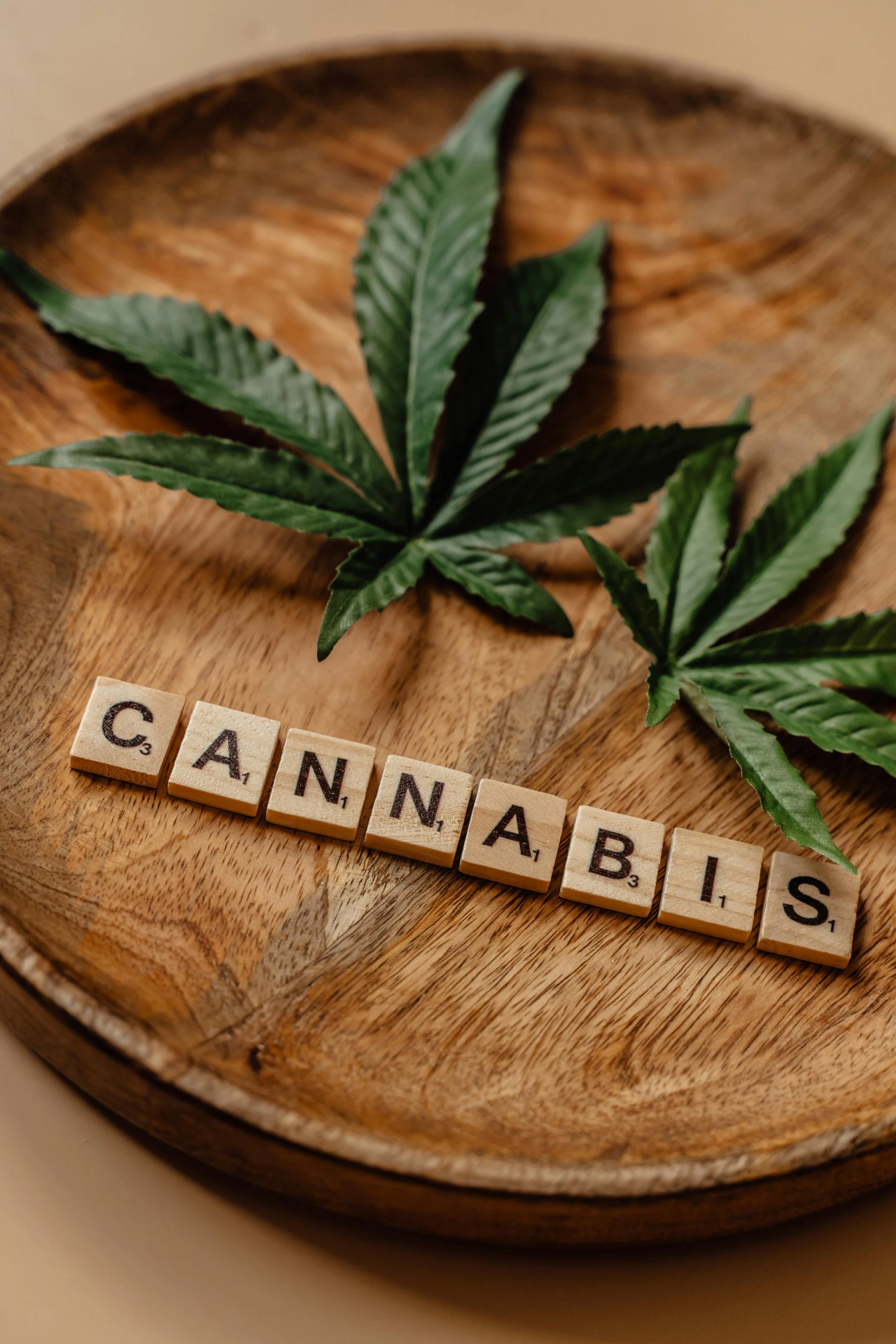 a marijuana leaf sitting on top of a wooden plate, a cartoon, inspired by Mary Jane Begin, trending on pexels, renaissance, cubes on table, thumbnail, label, high quality photo