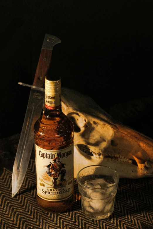a bottle of whiskey and a knife on a table, a portrait, inspired by Cornelis de Man, unsplash, renaissance, on a pirate ship, still life of white xenomorph, ( ( theatrical ) ), conan