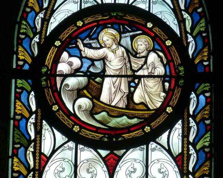 a stained glass window with two people in a boat, inspired by Edward Burne-Jones, pexels, jesus walking on water, stormy seas, round, biblically accurate