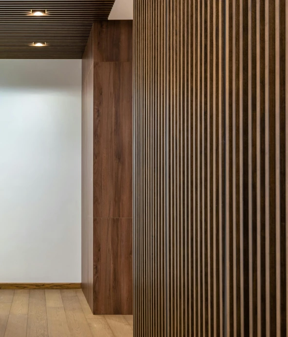 a hallway with wood slats and white walls, by Taiyō Matsumoto, unsplash, sōsaku hanga, demur, with detailed wood, walnut wood, a close-up