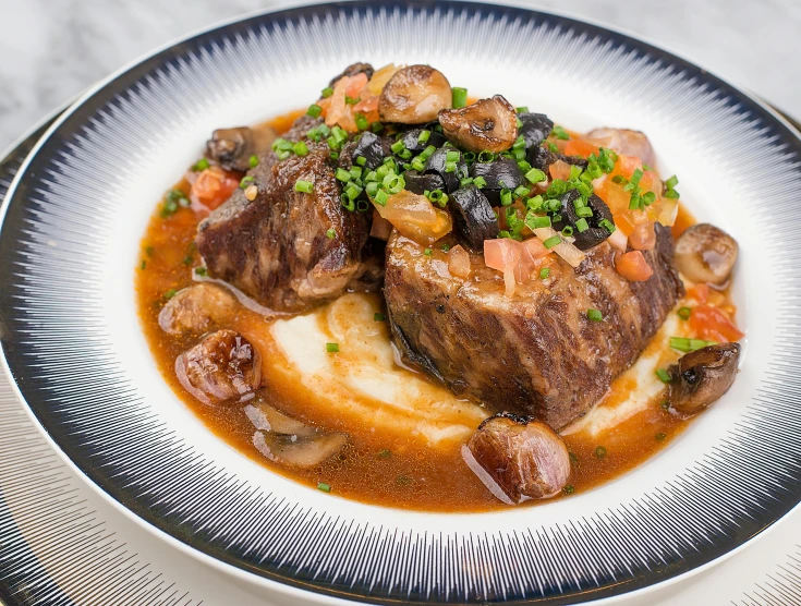 a close up of a plate of food on a table, by Matt Cavotta, beef, fan favorite, bougeureau, bottom angle