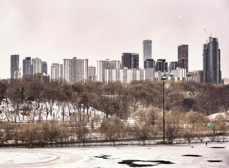 a view of a city from the top of a hill, a photo, inspired by Elsa Bleda, graffiti, snow on trees and ground, winnipeg skyline, medium, city high-rise