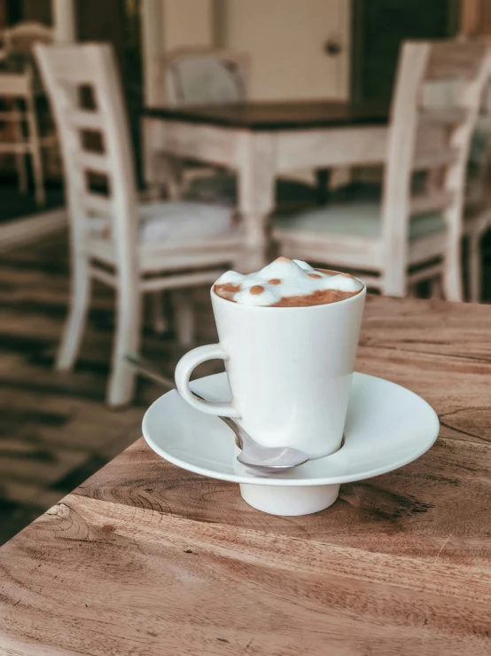 a cup of coffee sitting on top of a wooden table, by Niko Henrichon, trending on unsplash, renaissance, thumbnail, high quality photo, cappuccino, profile image