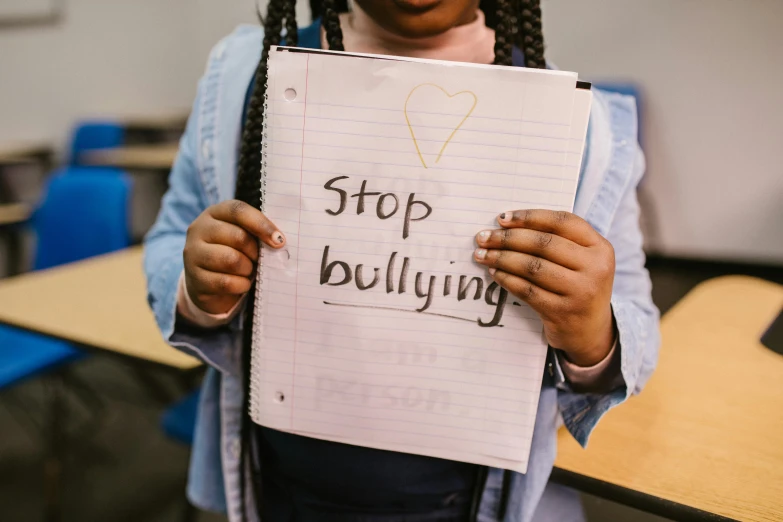 a girl holding a sign that says stop bullying, trending on pexels, essence, holding notebook, background image, multiple stories