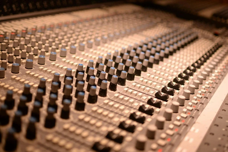 a close up of a mixing board in a recording studio, an album cover, by Alison Watt, pexels, tinnitus, thumbnail, multiple stories, where a large