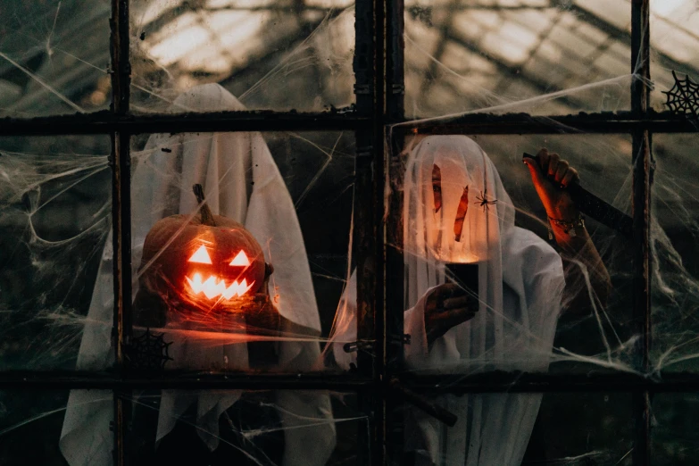 a couple of people that are standing in front of a window, pexels contest winner, halloween theme, profile image, instagram picture, background image