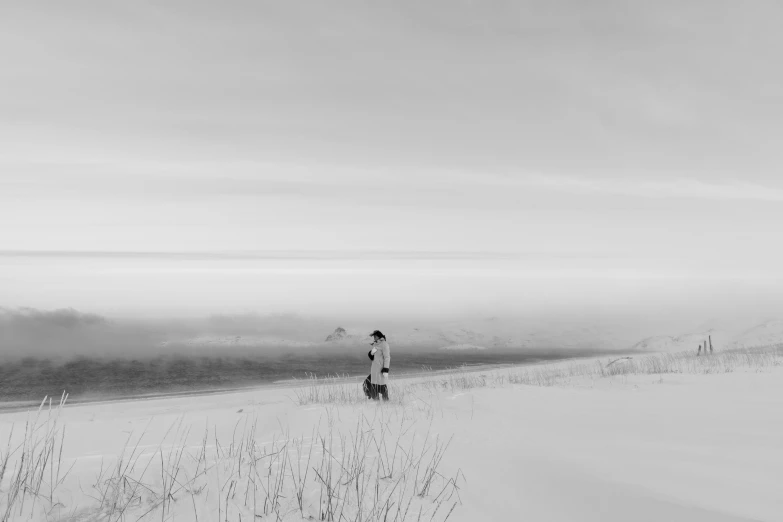 a man standing on top of a snow covered field, a black and white photo, by Emma Andijewska, pexels contest winner, romanticism, seaview, girl walking between dunes, white mist, tomoyuki yamasaki