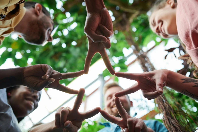 a group of people making a star with their hands, by Caroline Mytinger, pexels contest winner, peace sign, ecovillage, profile image, full frame image