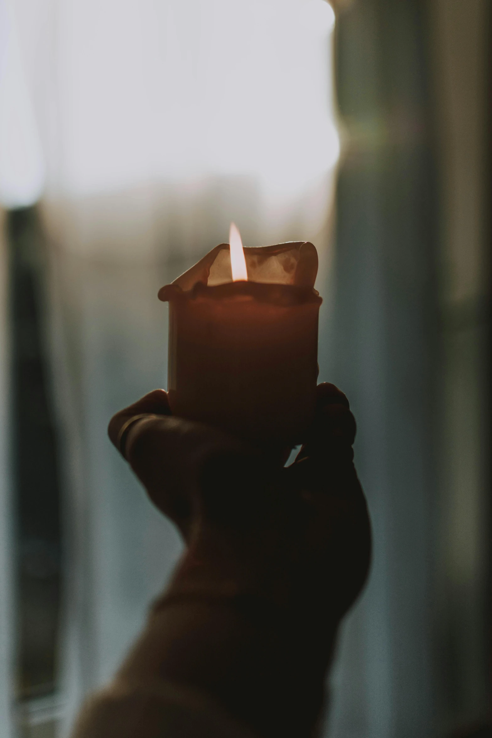 a person holding a lit candle in front of a window, profile image