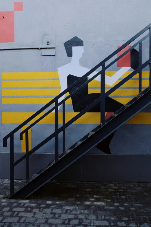 a painting of a man sitting on a bench on the side of a building, inspired by Bauhaus, unsplash, 1 staircase, on a black wall, detail, anna nikonova