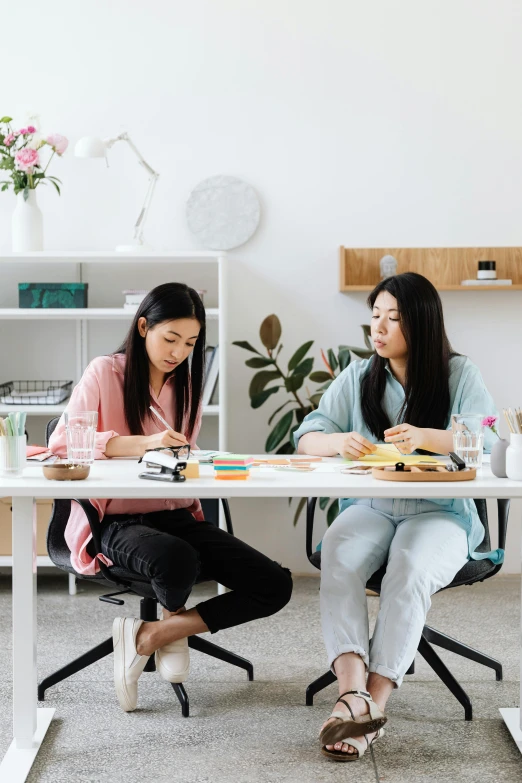 two women sitting at a table in an office, by Zeen Chin, trending on pexels, process art, japanese collection product, flat lay, home office, mid - action