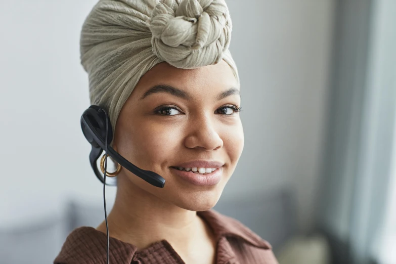 a woman wearing a headset and a headset, hurufiyya, wearing a headband, thumbnail, bedhead, commercially ready