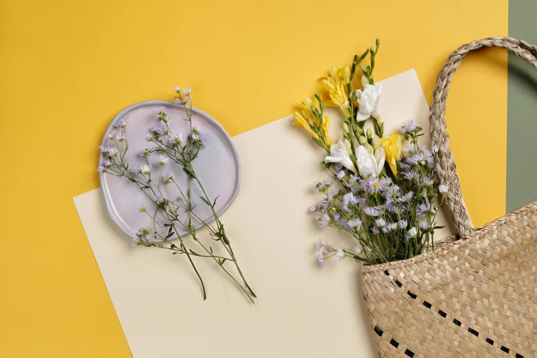 a straw bag sitting on top of a table next to a plate, a picture, trending on unsplash, aestheticism, lavander and yellow color scheme, ikebana white flowers, handcrafted paper background, patchy flowers