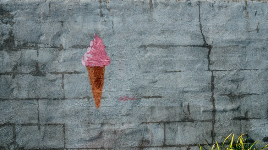 a painting of an ice cream cone on a wall, inspired by Julian Schnabel, unsplash, street art, shaun tan, pink, martin parr, cement