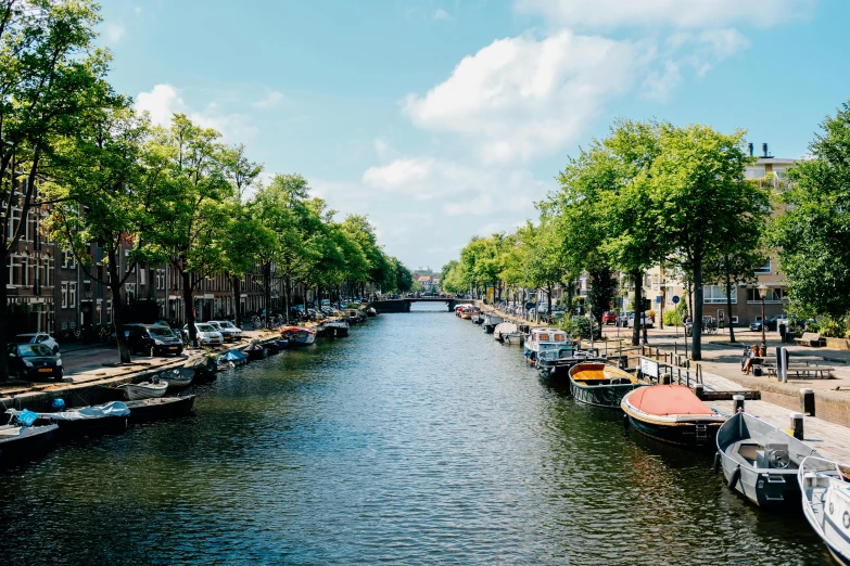 a canal filled with lots of boats next to tall buildings, trending on unsplash, dutch masters, a photo of a lake on a sunny day, 🦩🪐🐞👩🏻🦳, green alleys