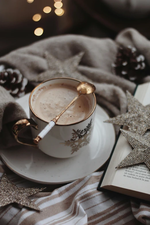 a book sitting on top of a table next to a cup of coffee, festive atmosphere, ivory and copper, thumbnail, hot cocoa drink