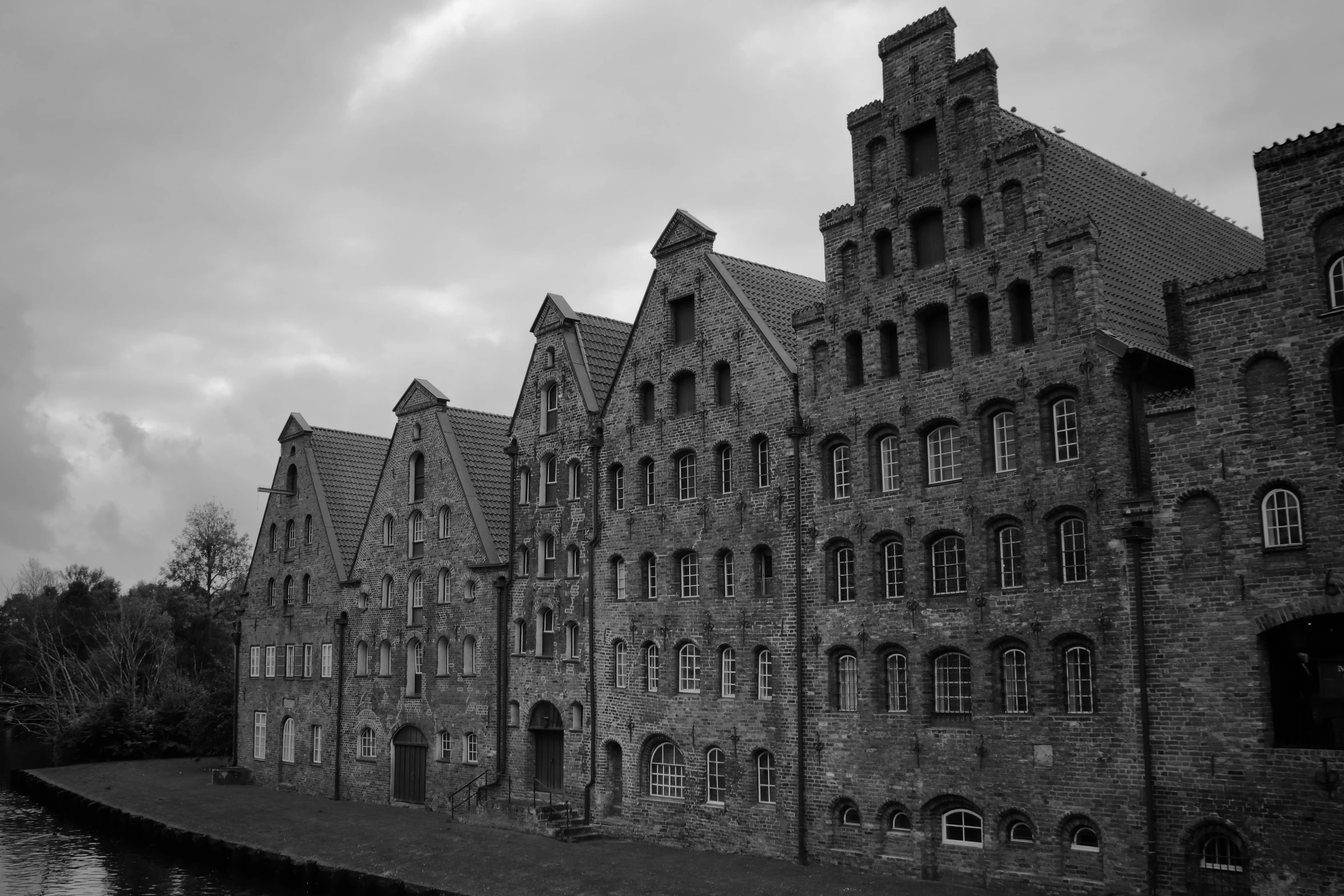 a black and white photo of a building next to a body of water, by Troels Wörsel, pexels contest winner, baroque, warehouses, lower saxony, houses with faces, brick building