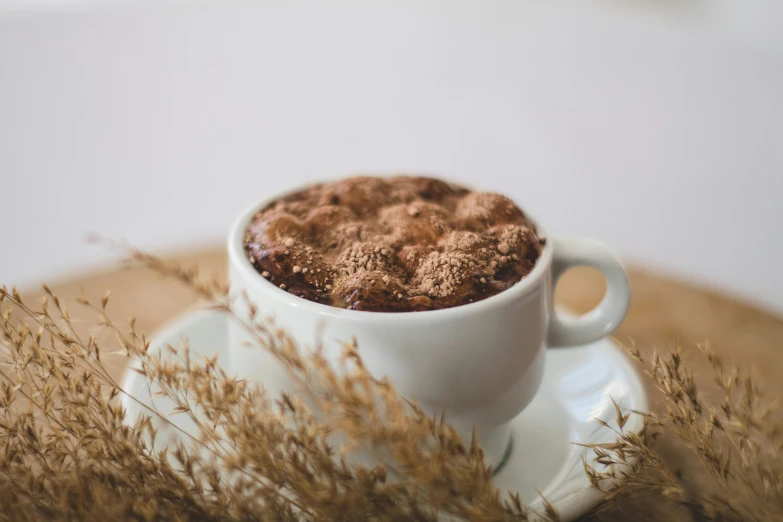 a cup of coffee sitting on top of a saucer, a stipple, by Emma Andijewska, trending on pexels, brown mud, cake, brown messy hair, manuka