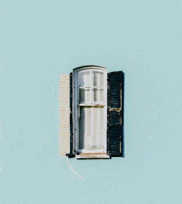 an open window with shutters on a blue wall, a minimalist painting, by Pablo Rey, unsplash, multiple stories, bay window, ignant, half turned around