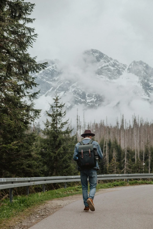 a person with a backpack walking down a road, pexels contest winner, snowy peaks, german forest, avatar image, lumberjack