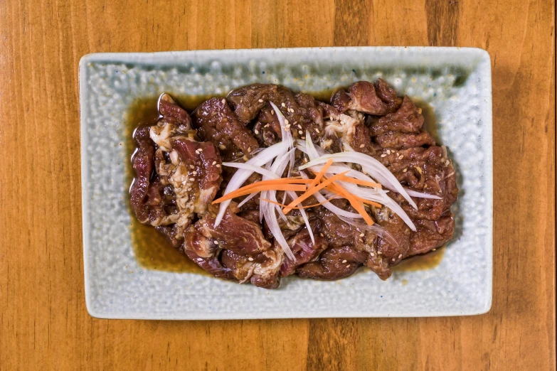 a close up of a plate of food on a table, mingei, meat veins, manila, moon bear samurai, thumbnail