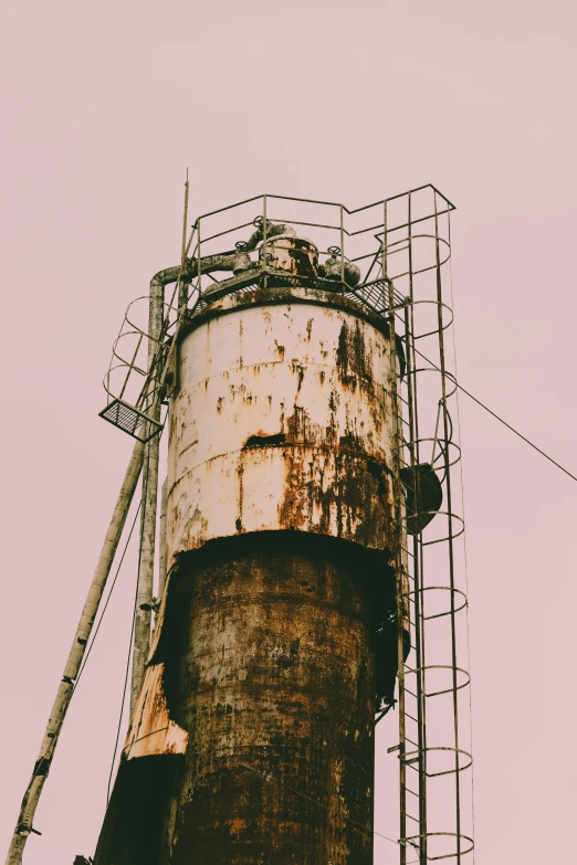 a tall tower sitting in the middle of a field, a photo, inspired by Elsa Bleda, unsplash, renaissance, industrial rusty pipes, pink, watertank, dull flaking paint