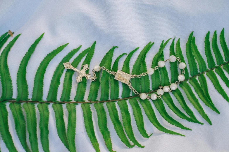 a close up of a fern leaf with a cross on it, an album cover, by Elsa Bleda, unsplash, hurufiyya, jewelry pearls, silver bracelets, made of carrara marble, high - angle view