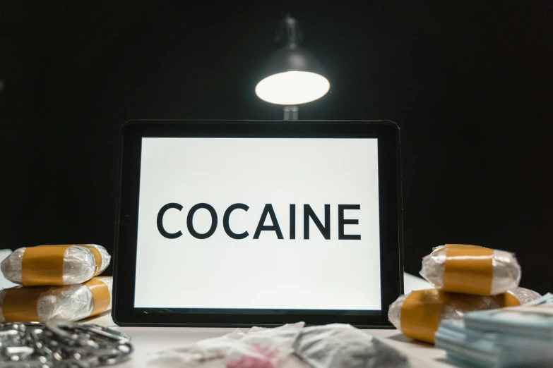 a tablet computer sitting on top of a table, graffiti, cocaine, corinne day, candy treatments, black