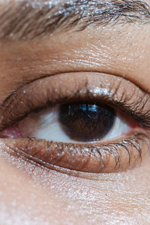 a close up of a person's brown eye, a macro photograph, by Carey Morris, trending on unsplash, shiny glossy skin, asian hyperdetailed, medium skin tone, high angle closeup portrait