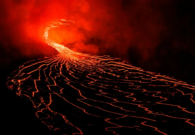 a close up of a fire in the sky, an album cover, pexels, hurufiyya, red narrow lava rivers, slide show, splash image