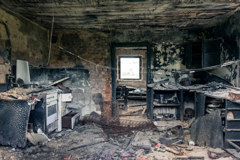 a kitchen with a stove top oven sitting inside of it, a portrait, unsplash contest winner, auto-destructive art, ruined subdivision houses, smouldering charred timber, lachlan bailey, photograph taken in 2 0 2 0