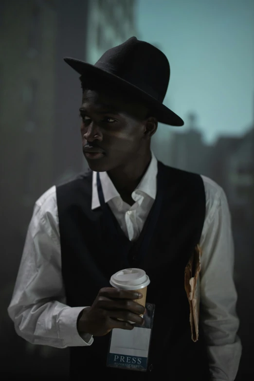 a man in a hat holding a cup of coffee, inspired by Gordon Parks, harlem renaissance, adut akech, slide show, nightlife, movie filmstill