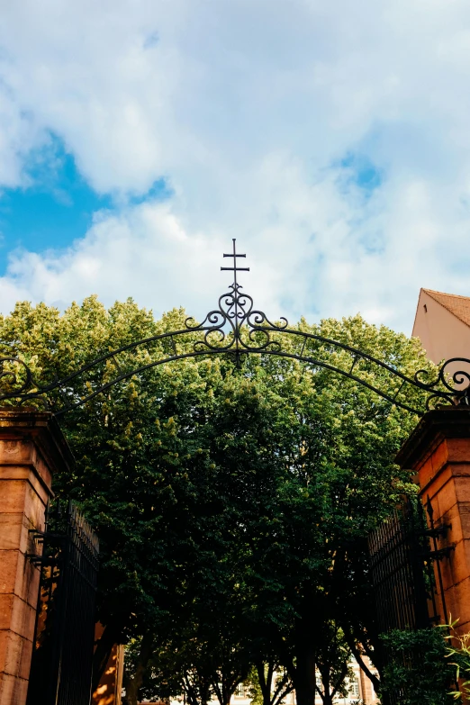 an iron gate with a cross on top of it, inspired by Albert Paris Gütersloh, unsplash, renaissance, trees outside, university, slightly tanned, shot from roofline