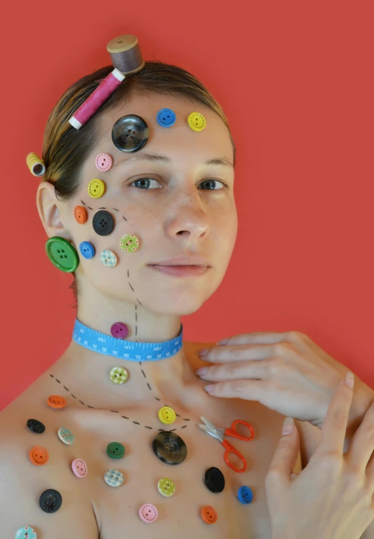 a woman with lots of buttons on her body, an album cover, trending on pexels, cybernetic neck implant, frown fashion model, headshot profile picture, alex kanevsky