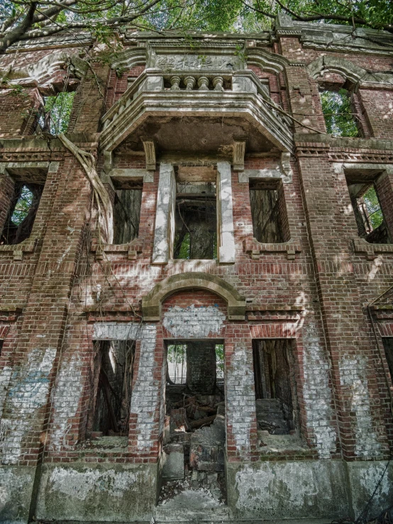 a man standing in front of an old building, an album cover, by Alexander Fedosav, pexels contest winner, overgrown jungle ruins, extremely detailed frontal angle, ukraine. photography, brick building