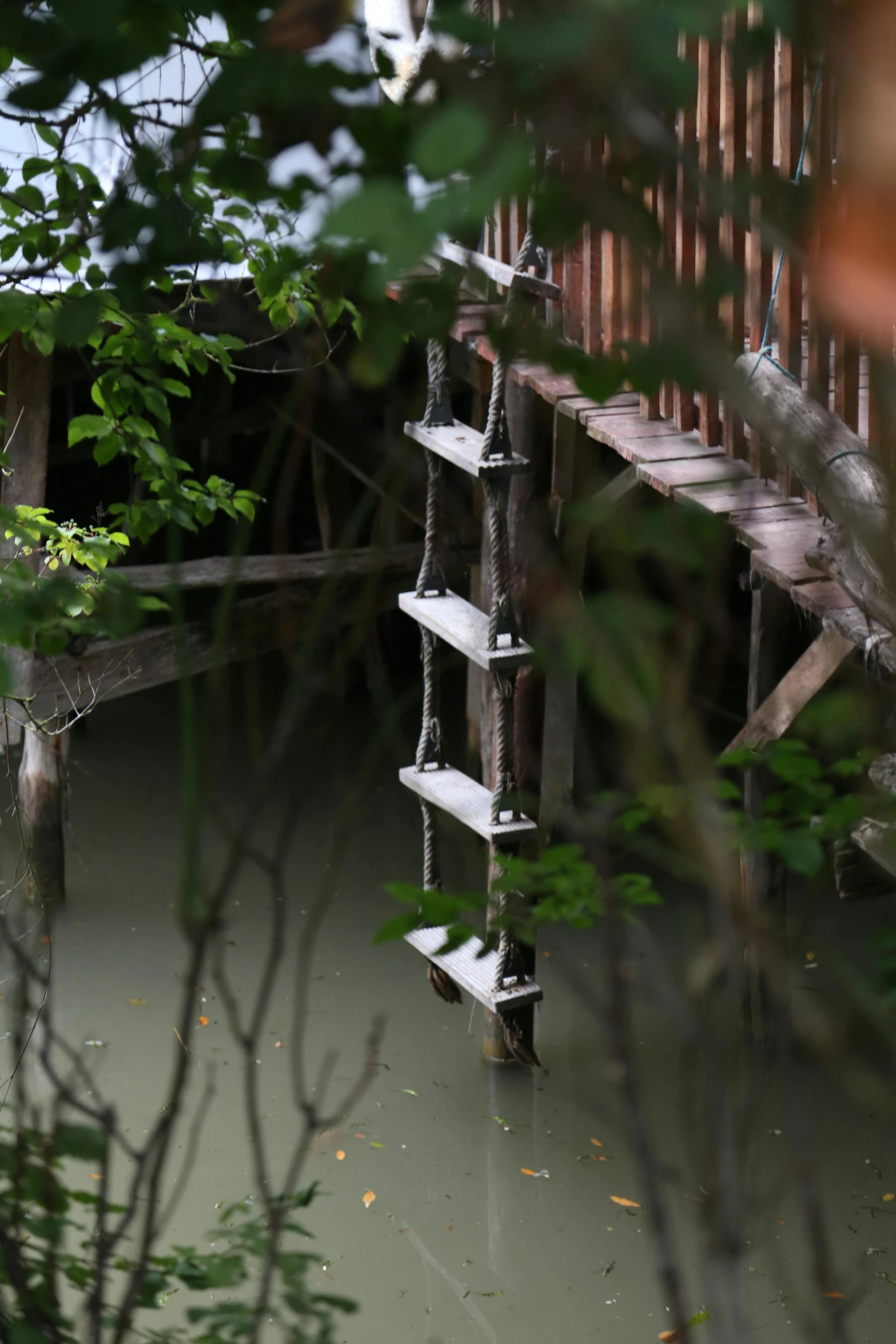 a wooden bridge over a body of water, inspired by Frits Thaulow, environmental art, beachwood treehouse, laos, staircase, grey