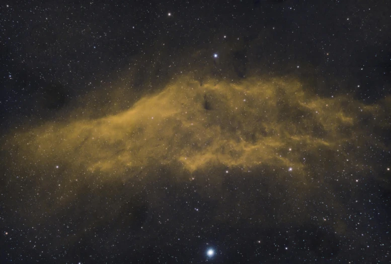 a yellow cloud in the sky with stars in the background, a microscopic photo, flickr, space art, eel nebula, colour corrected, wide long shot, 2022 photograph