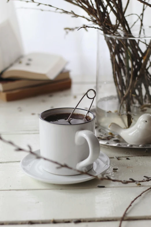 a cup of coffee sitting on top of a white table, inspired by Anka Zhuravleva, instagram, romanticism, twigs, brown, soup, chocolate