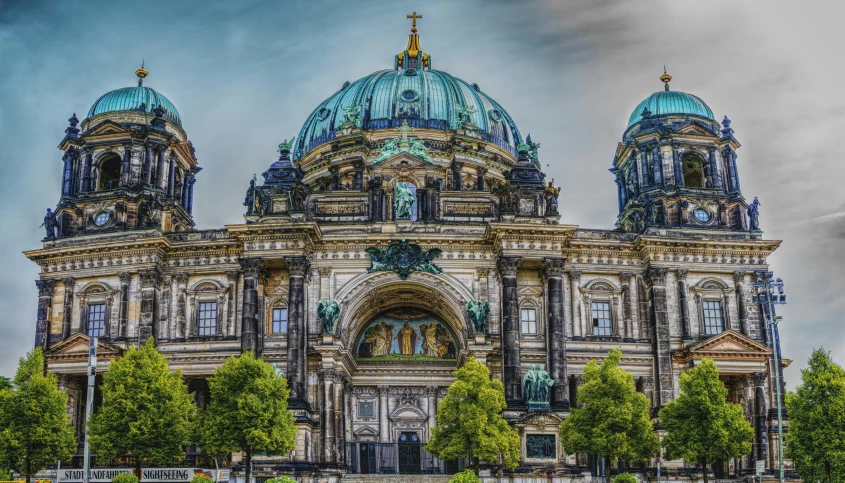 a large building with a green dome on top of it, a colorized photo, pexels contest winner, baroque, berlin, cathedrals, 🚿🗝📝