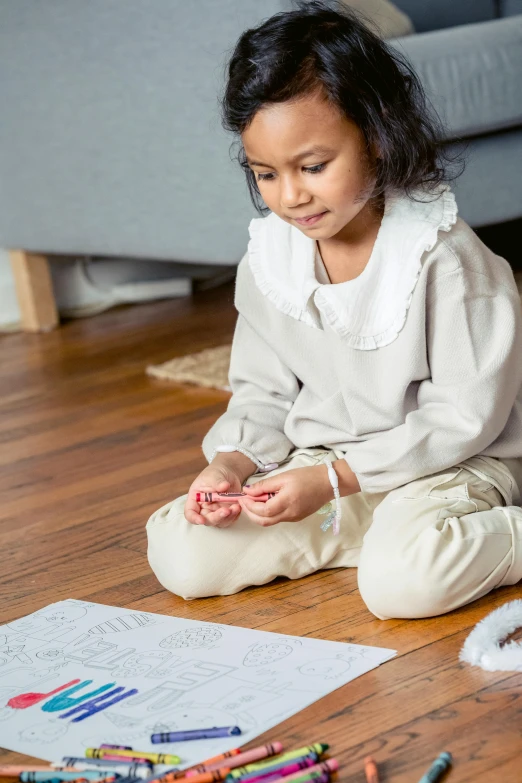 a little girl sitting on the floor playing with crayons, inspired by Maurice Sendak, pexels contest winner, japanese collection product, praying, architect, gaming