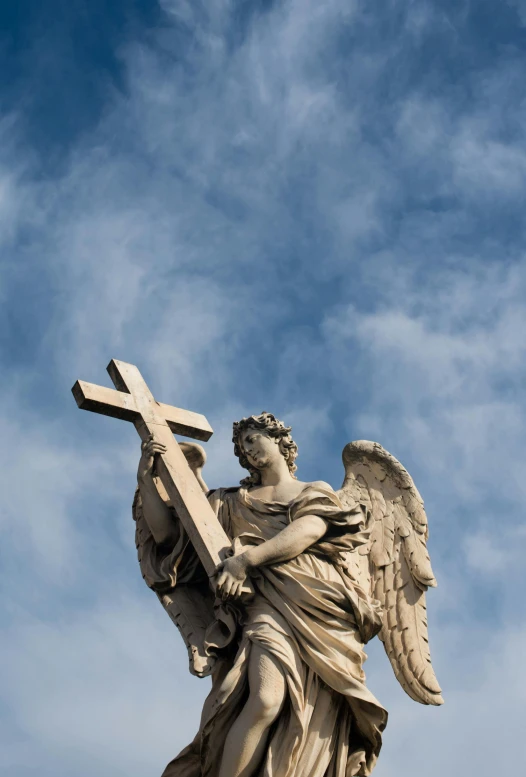 a statue of an angel holding a cross, by Cagnaccio di San Pietro, pexels contest winner, baroque, heavens, buenos aires, high resolution photograph, rectangle