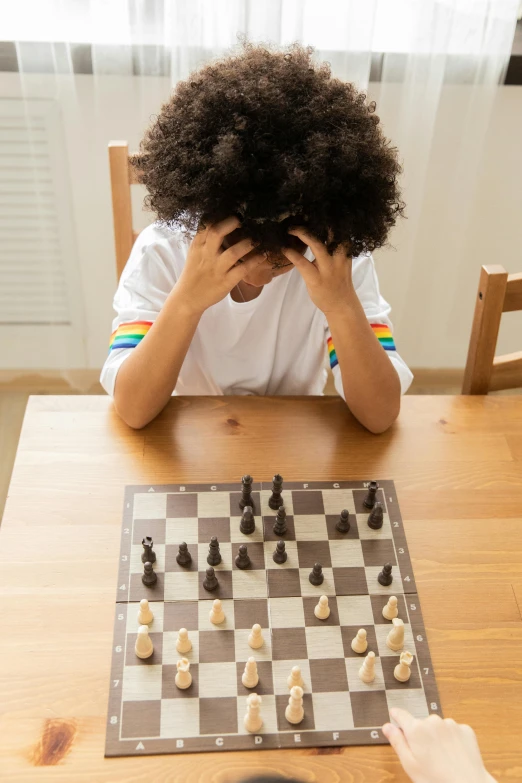 a person sitting at a table playing a game of chess, shutterstock contest winner, american barbizon school, exasperated expression, youthful taliyah, square, taken in 2 0 2 0