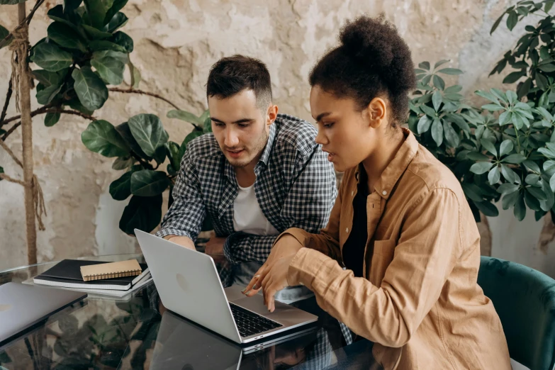 a couple of people sitting at a table with a laptop, pexels contest winner, varying ethnicities, working in an office, profile image, charli bowater and artgeem