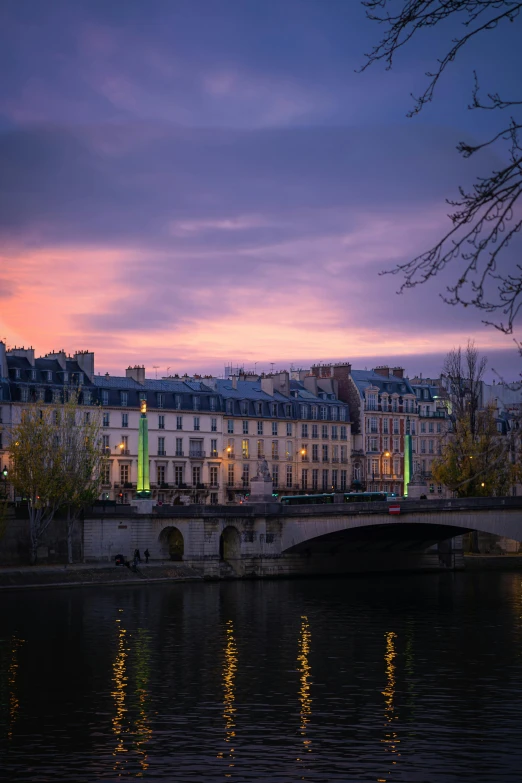 a bridge over a body of water with buildings in the background, trending on unsplash, paris school, dusk, seasonal, pink arches, 8k resolution”