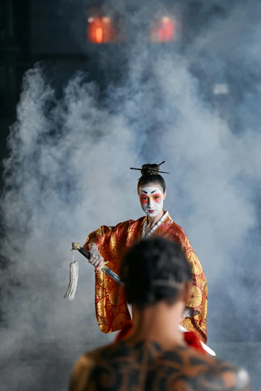 a couple of people that are standing in the smoke, pexels contest winner, ukiyo-e, peking opera, in a dojo, actor, on location