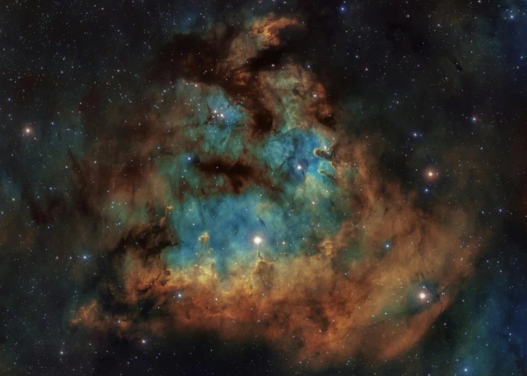 a star filled sky filled with lots of stars, a microscopic photo, space art, cyan and orange, smoke pit nebulas, cloud in the shape of a dragon, taken through a telescope