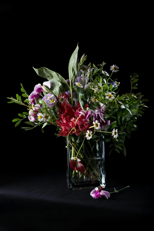 a vase filled with flowers sitting on top of a table, inspired by François Boquet, romanticism, on a black background, overgrown with puffy orchids, southern wildflowers, with clear glass