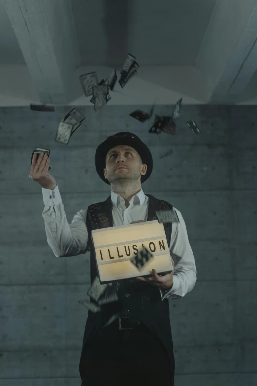 a man holding a sign that says illusion, a hologram, inspired by Julius Hatofsky, throwing cards in the air, tipping his fedora, press shot, square